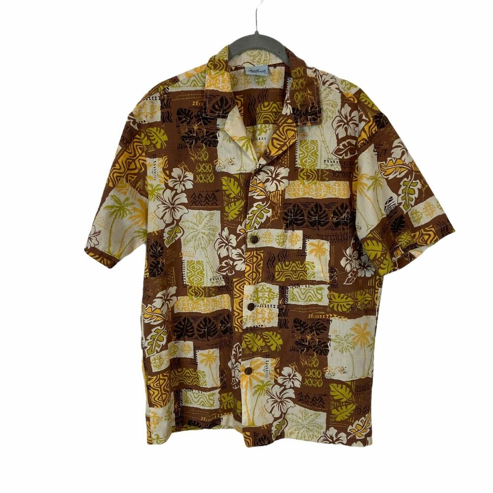 Royal Creations Hawaiian Shirt Vintage 70s Men sz M Brown Yellow Avocado Retro